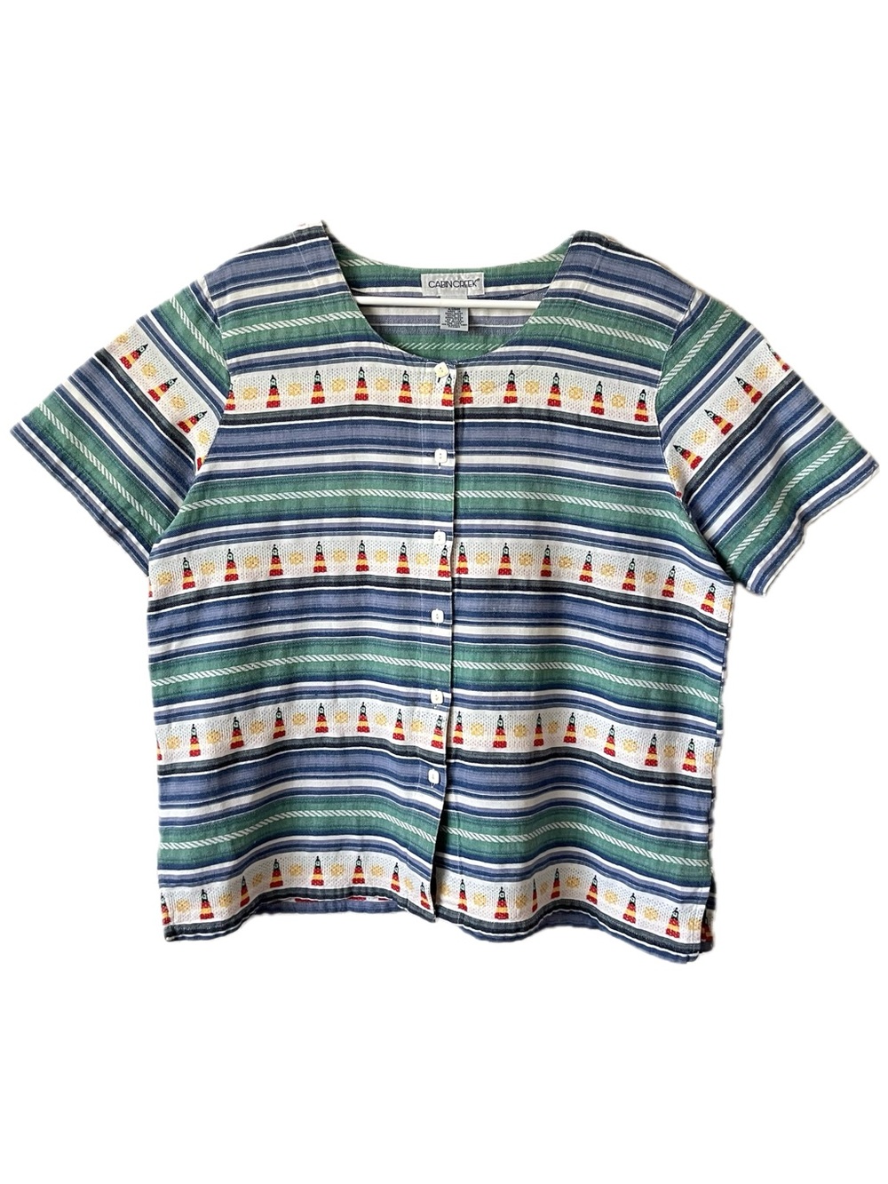 Vintage Nautical Lighthouse Novelty Print Button Up Top XL Vacation Cruise Boxy